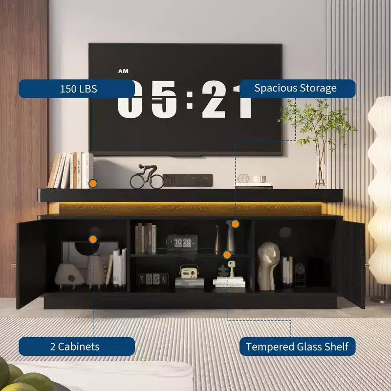 Meuble TV moderne pour téléviseurs jusqu'à 65 pouces, meuble TV en bois de 63 pouces avec rangements, console multimédia pour salon et chambre