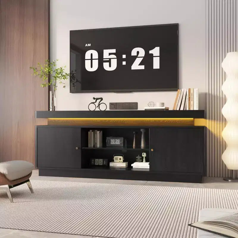 Meuble TV moderne pour téléviseurs jusqu'à 65 pouces, meuble TV en bois de 63 pouces avec rangements, console multimédia pour salon et chambre