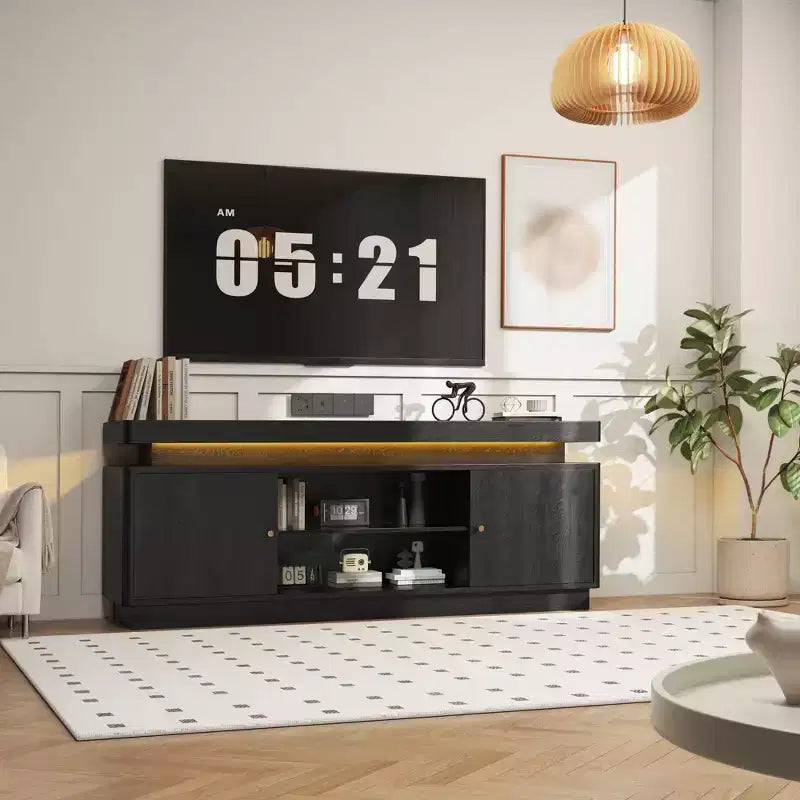 Meuble TV moderne pour téléviseurs jusqu'à 65 pouces, meuble TV en bois de 63 pouces avec rangements, console multimédia pour salon et chambre