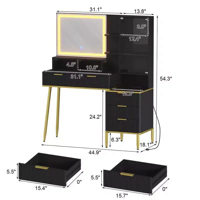 Coiffeuse avec prise de courant, plateau en verre moderne, coiffeuse cannelée, porte de protection en acrylique, 5 tiroirs et étagère – Table de maquillage élégante pour chambre à coucher