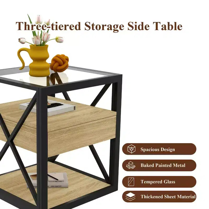 1 ou 2 tables de chevet industrielles avec plateau en verre trempé et tiroir, table d'appoint avec cadre en X, table de bout pour salon, chambre à coucher, bureau à domicile