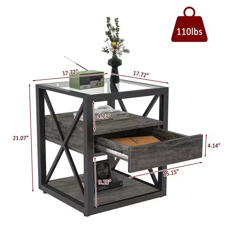 1 ou 2 tables de chevet industrielles avec plateau en verre trempé et tiroir, table d'appoint avec cadre en X, table de bout pour salon, chambre à coucher, bureau à domicile