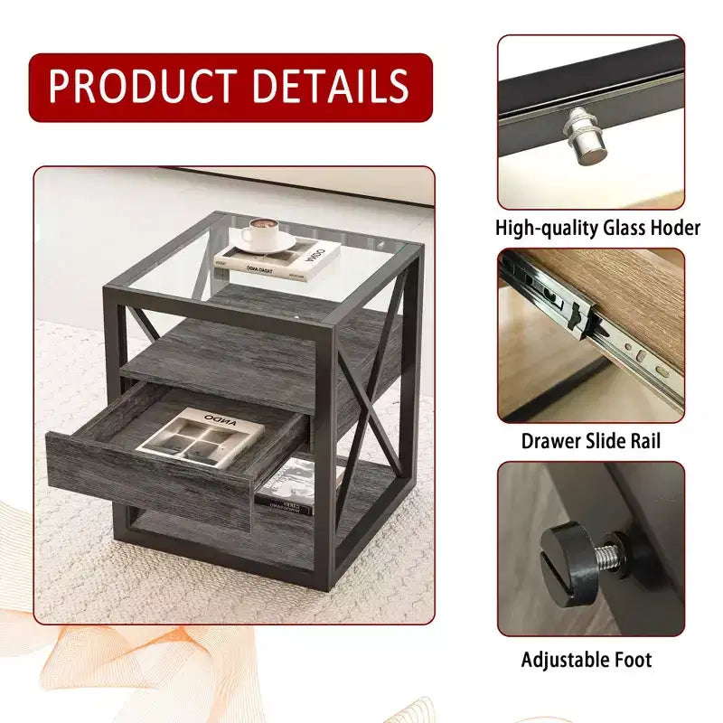 1 ou 2 tables de chevet industrielles avec plateau en verre trempé et tiroir, table d'appoint avec cadre en X, table de bout pour salon, chambre à coucher, bureau à domicile
