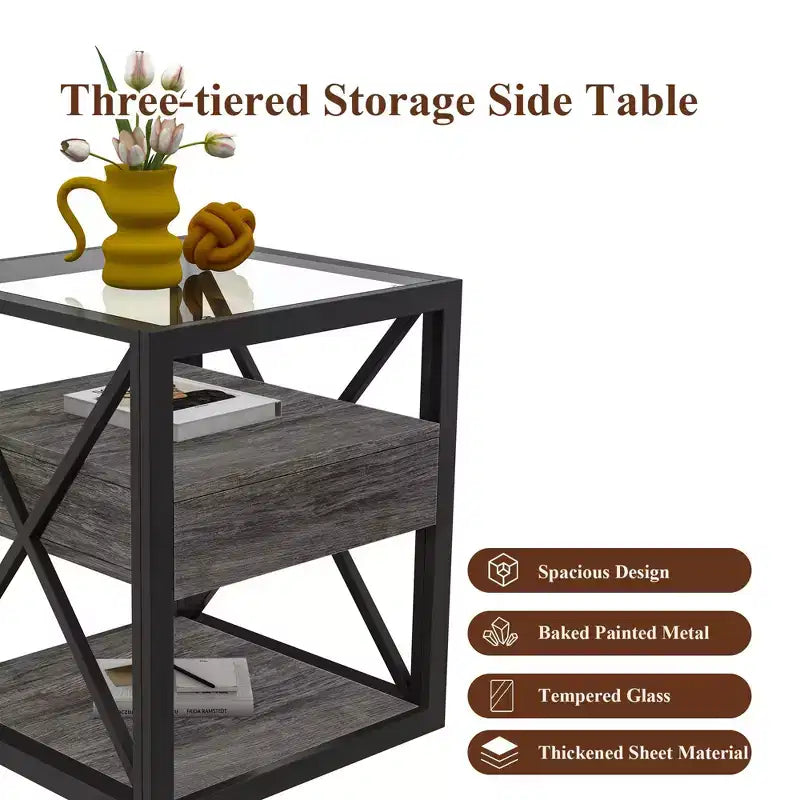 1 ou 2 tables de chevet industrielles avec plateau en verre trempé et tiroir, table d'appoint avec cadre en X, table de bout pour salon, chambre à coucher, bureau à domicile