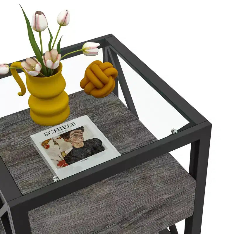 1 ou 2 tables de chevet industrielles avec plateau en verre trempé et tiroir, table d'appoint avec cadre en X, table de bout pour salon, chambre à coucher, bureau à domicile