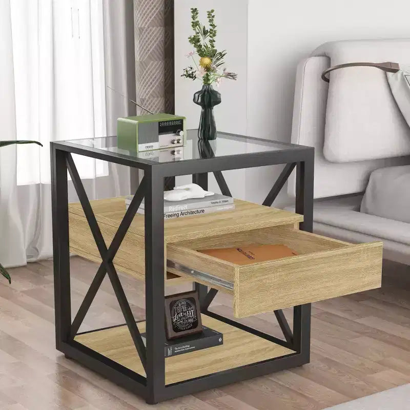 1 ou 2 tables de chevet industrielles avec plateau en verre trempé et tiroir, table d'appoint avec cadre en X, table de bout pour salon, chambre à coucher, bureau à domicile