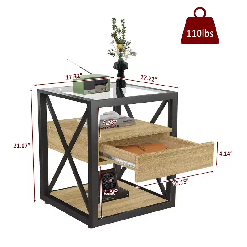 1 ou 2 tables de chevet industrielles avec plateau en verre trempé et tiroir, table d'appoint avec cadre en X, table de bout pour salon, chambre à coucher, bureau à domicile