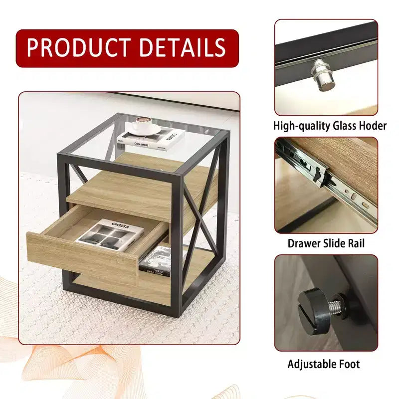 1 ou 2 tables de chevet industrielles avec plateau en verre trempé et tiroir, table d'appoint avec cadre en X, table de bout pour salon, chambre à coucher, bureau à domicile