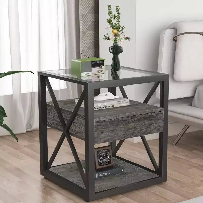 1 ou 2 tables de chevet industrielles avec plateau en verre trempé et tiroir, table d'appoint avec cadre en X, table de bout pour salon, chambre à coucher, bureau à domicile