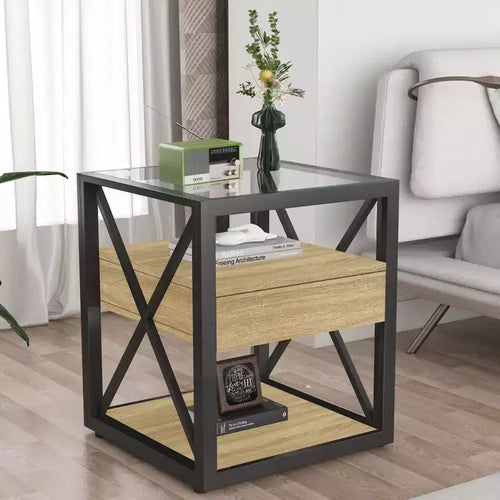 TUYOHW 1 PC/2 PCS Industrial Nightstand with Tempered Glass Top & Drawer,End Table with X-Frame,Side Table for Living Room,Bedroom,Home Office