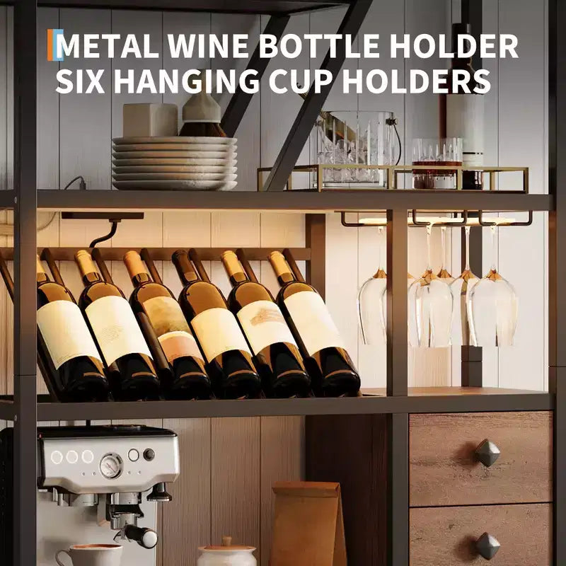 Meuble de bar à vin haut de 71 po avec éclairage LED, étagère à vin industrielle avec support en verre, meuble à liqueurs avec portes, support pour micro-ondes, étagère de boulanger