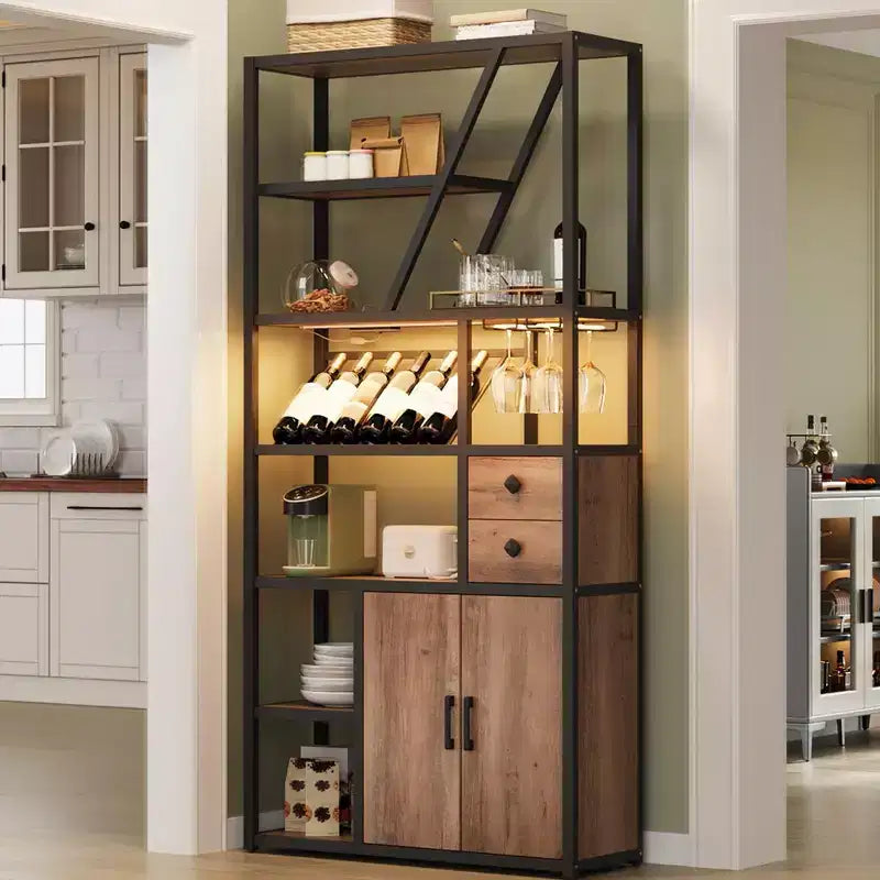 Meuble de bar à vin haut de 71 po avec éclairage LED, étagère à vin industrielle avec support en verre, meuble à liqueurs avec portes, support pour micro-ondes, étagère de boulanger