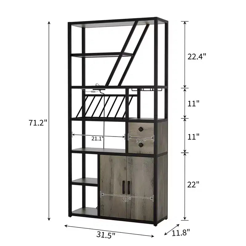 Meuble de bar à vin haut de 71 po avec éclairage LED, étagère à vin industrielle avec support en verre, meuble à liqueurs avec portes, support pour micro-ondes, étagère de boulanger