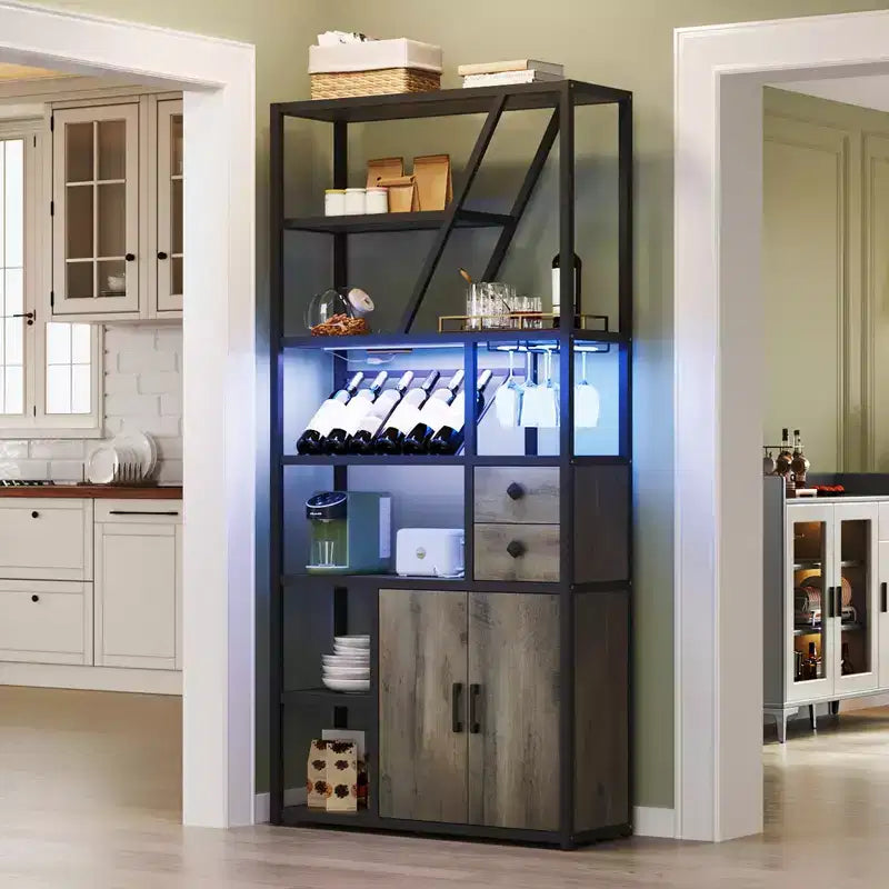 Meuble de bar à vin haut de 71 po avec éclairage LED, étagère à vin industrielle avec support en verre, meuble à liqueurs avec portes, support pour micro-ondes, étagère de boulanger