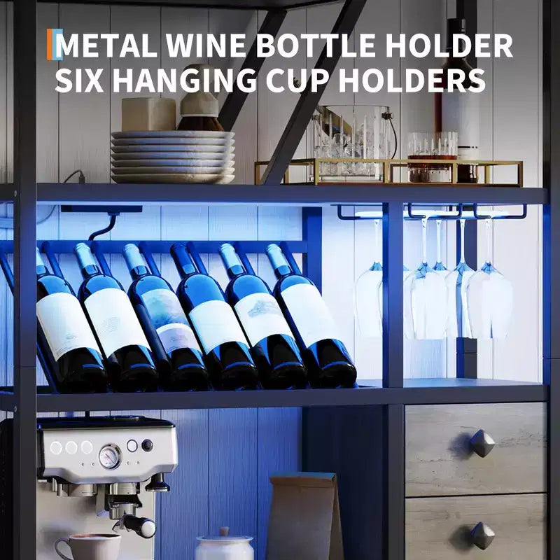 Meuble de bar à vin haut de 71 po avec éclairage LED, étagère à vin industrielle avec support en verre, meuble à liqueurs avec portes, support pour micro-ondes, étagère de boulanger