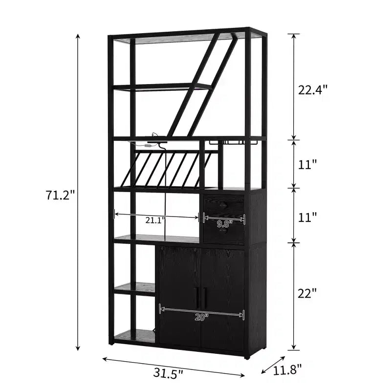 Meuble de bar à vin haut de 71 po avec éclairage LED, étagère à vin industrielle avec support en verre, meuble à liqueurs avec portes, support pour micro-ondes, étagère de boulanger
