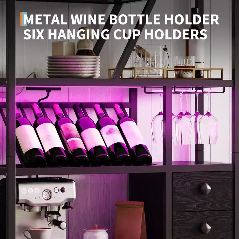 Meuble de bar à vin haut de 71 po avec éclairage LED, étagère à vin industrielle avec support en verre, meuble à liqueurs avec portes, support pour micro-ondes, étagère de boulanger