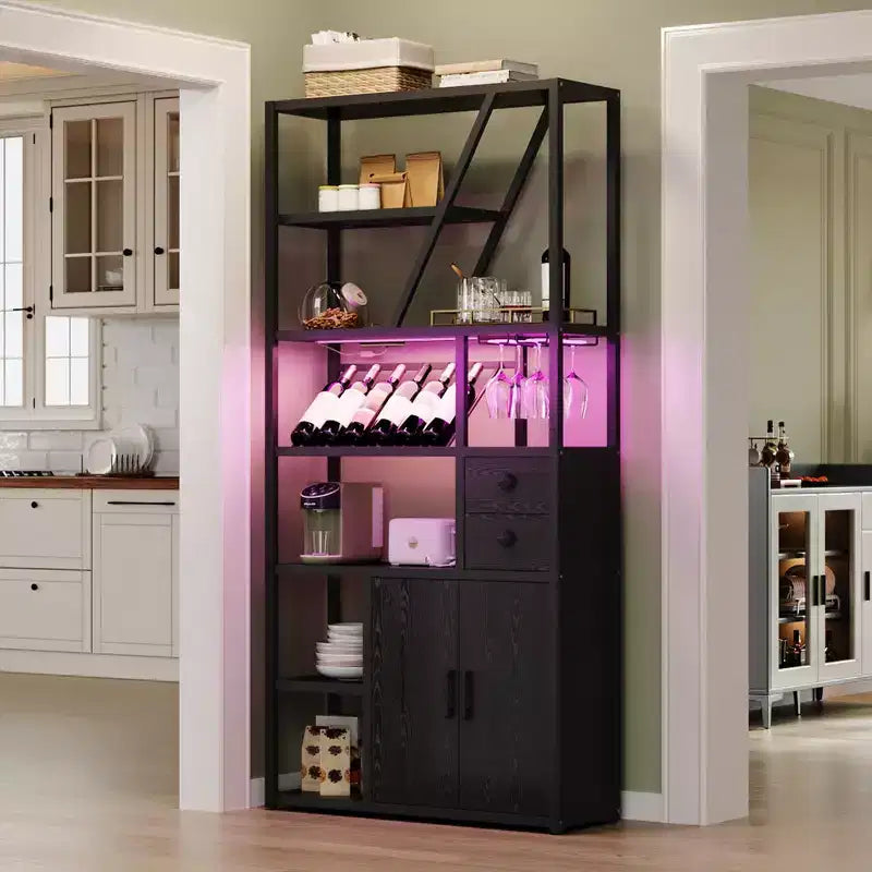 Meuble de bar à vin haut de 71 po avec éclairage LED, étagère à vin industrielle avec support en verre, meuble à liqueurs avec portes, support pour micro-ondes, étagère de boulanger