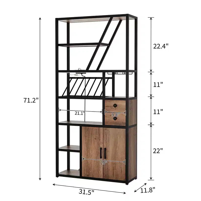 Meuble de bar à vin haut de 71 po avec éclairage LED, étagère à vin industrielle avec support en verre, meuble à liqueurs avec portes, support pour micro-ondes, étagère de boulanger