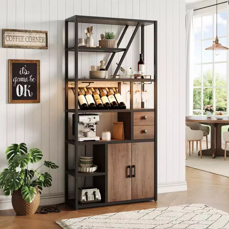 Meuble de bar à vin haut de 71 po avec éclairage LED, étagère à vin industrielle avec support en verre, meuble à liqueurs avec portes, support pour micro-ondes, étagère de boulanger