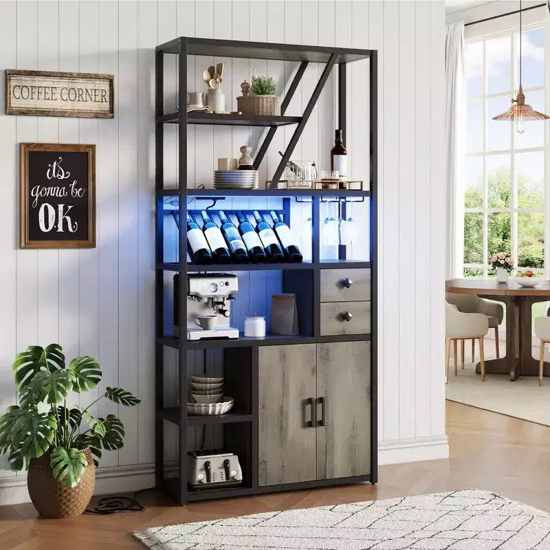 Meuble de bar à vin haut de 71 po avec éclairage LED, étagère à vin industrielle avec support en verre, meuble à liqueurs avec portes, support pour micro-ondes, étagère de boulanger