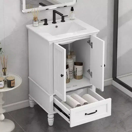 20 petits lavabos-meubles de salle de bain avec rangement, meuble de salle de bain en bois avec tiroirs et portes, blanc