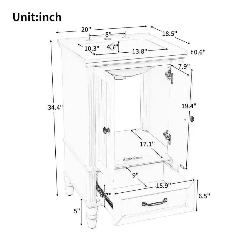 20 petits lavabos-meubles de salle de bain avec rangement, meuble de salle de bain en bois avec tiroirs et portes, blanc