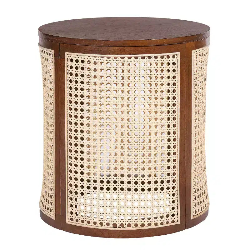 Table d'appoint ronde en rotin avec accent en bois massif d'hévéa, table de bout de 15,7 pouces
