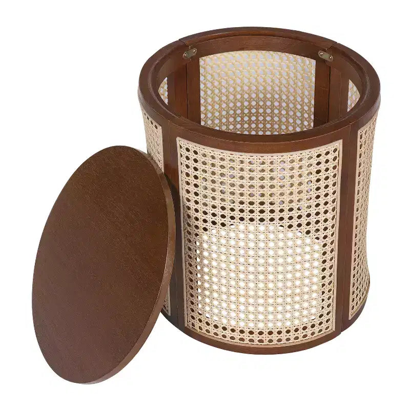 Table d'appoint ronde en rotin avec accent en bois massif d'hévéa, table de bout de 15,7 pouces