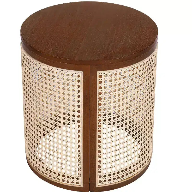 Table d'appoint ronde en rotin avec accent en bois massif d'hévéa, table de bout de 15,7 pouces
