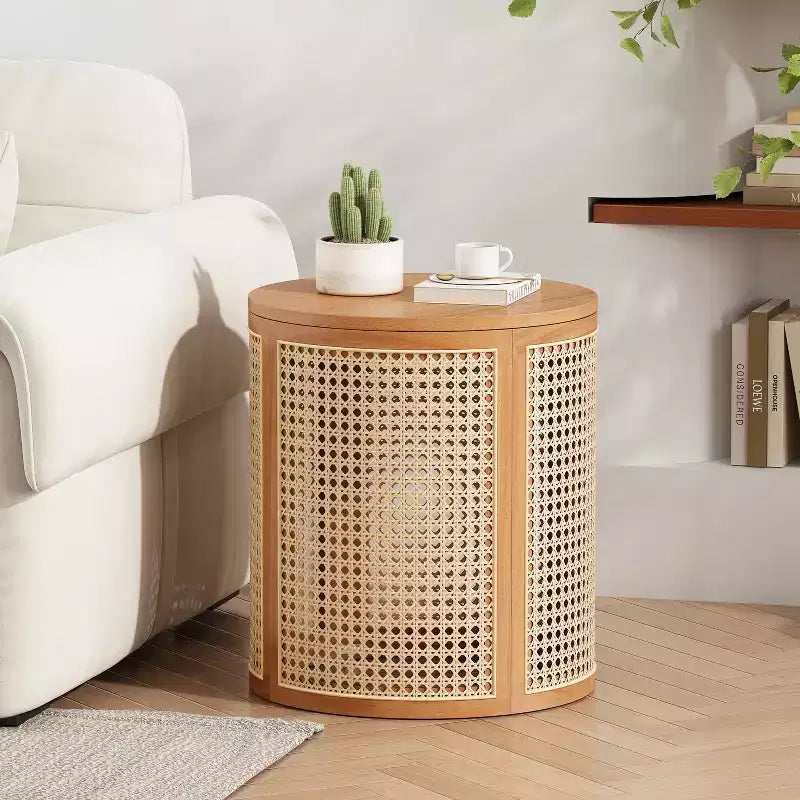 Table d'appoint ronde en rotin avec accent en bois massif d'hévéa, table de bout de 15,7 pouces
