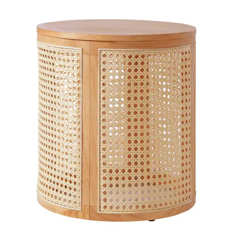 Table d'appoint ronde en rotin avec accent en bois massif d'hévéa, table de bout de 15,7 pouces