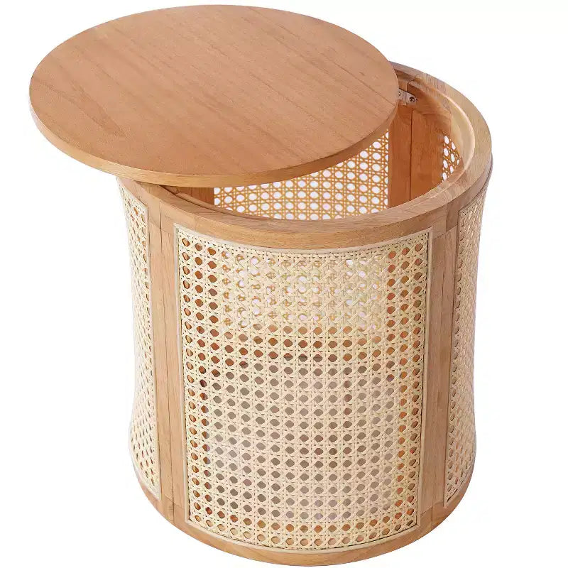 Table d'appoint ronde en rotin avec accent en bois massif d'hévéa, table de bout de 15,7 pouces