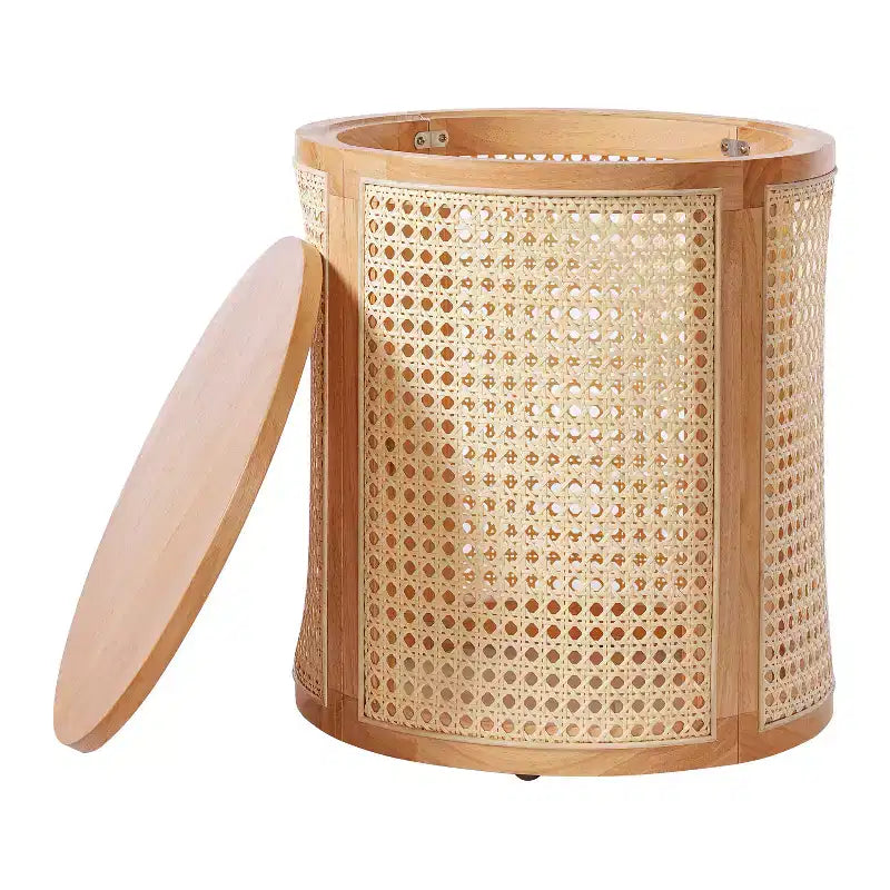 Table d'appoint ronde en rotin avec accent en bois massif d'hévéa, table de bout de 15,7 pouces