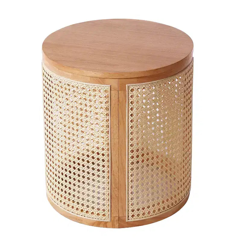 Table d'appoint ronde en rotin avec accent en bois massif d'hévéa, table de bout de 15,7 pouces