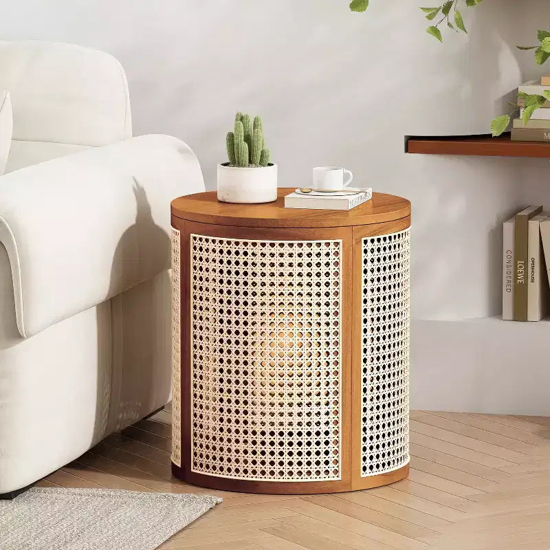 Table d'appoint ronde en rotin avec accent en bois massif d'hévéa, table de bout de 15,7 pouces