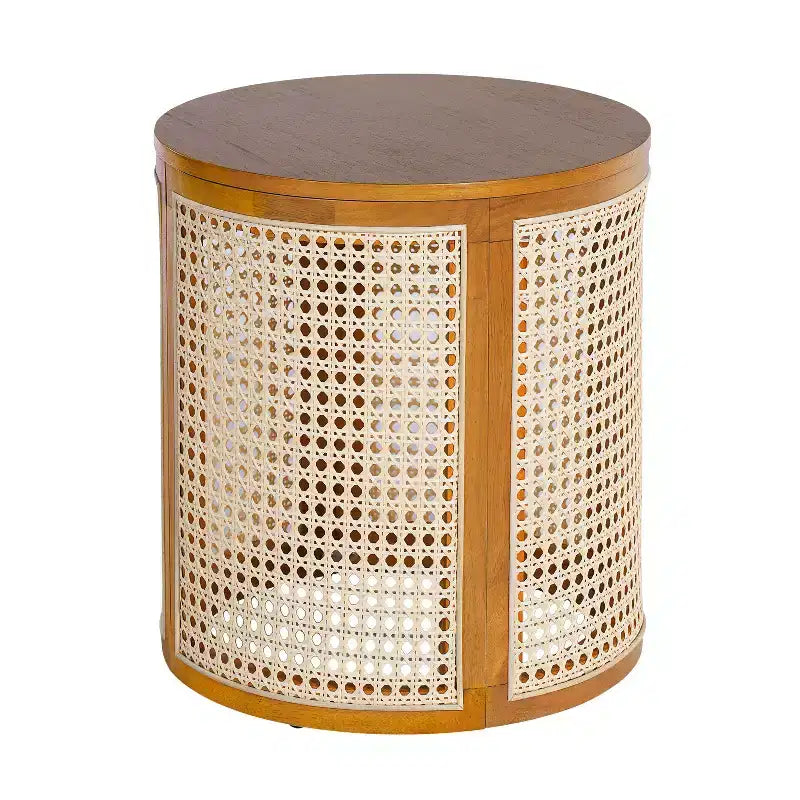 Table d'appoint ronde en rotin avec accent en bois massif d'hévéa, table de bout de 15,7 pouces