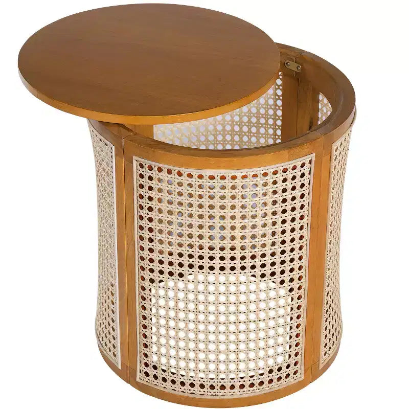 Table d'appoint ronde en rotin avec accent en bois massif d'hévéa, table de bout de 15,7 pouces