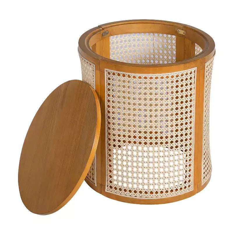 Table d'appoint ronde en rotin avec accent en bois massif d'hévéa, table de bout de 15,7 pouces