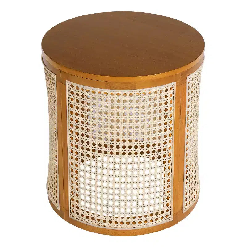 Table d'appoint ronde en rotin avec accent en bois massif d'hévéa, table de bout de 15,7 pouces
