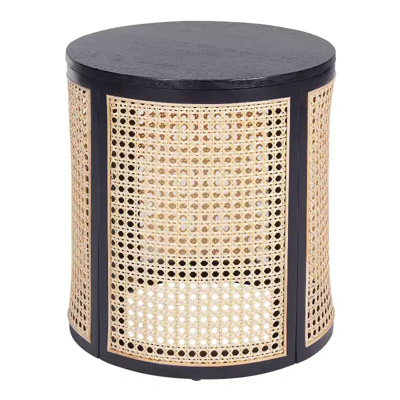 Table d'appoint ronde en rotin avec accent en bois massif d'hévéa, table de bout de 15,7 pouces