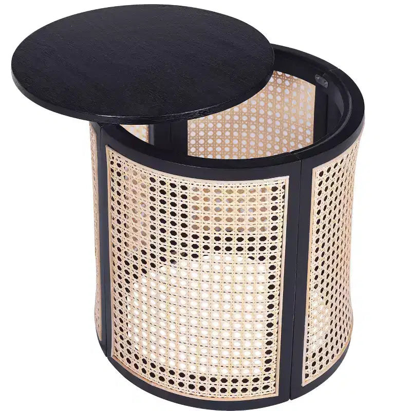 Table d'appoint ronde en rotin avec accent en bois massif d'hévéa, table de bout de 15,7 pouces