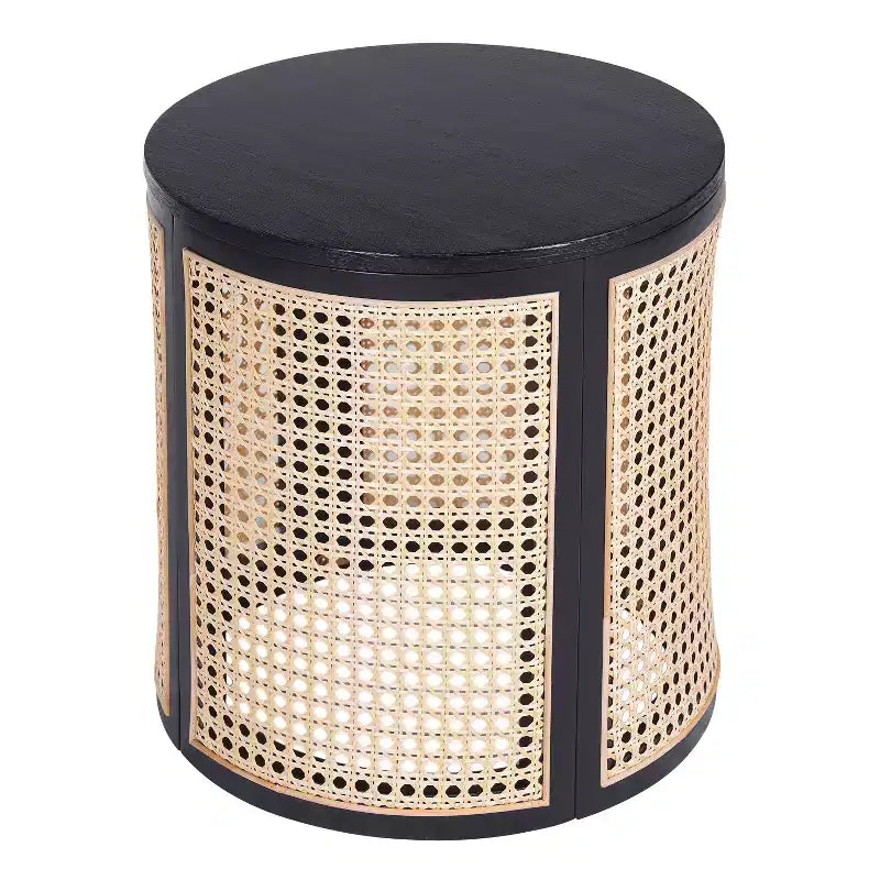 Table d'appoint ronde en rotin avec accent en bois massif d'hévéa, table de bout de 15,7 pouces