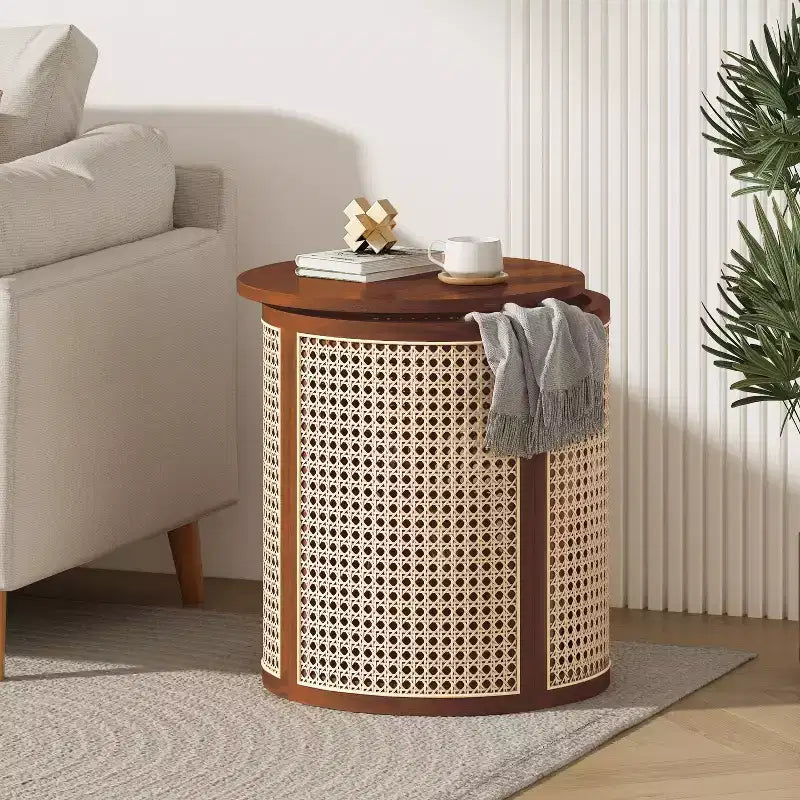 Table d'appoint ronde en rotin avec accent en bois massif d'hévéa, table de bout de 15,7 pouces