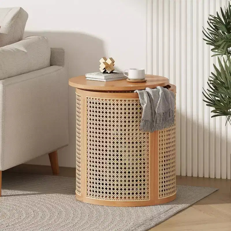 Table d'appoint ronde en rotin avec accent en bois massif d'hévéa, table de bout de 15,7 pouces