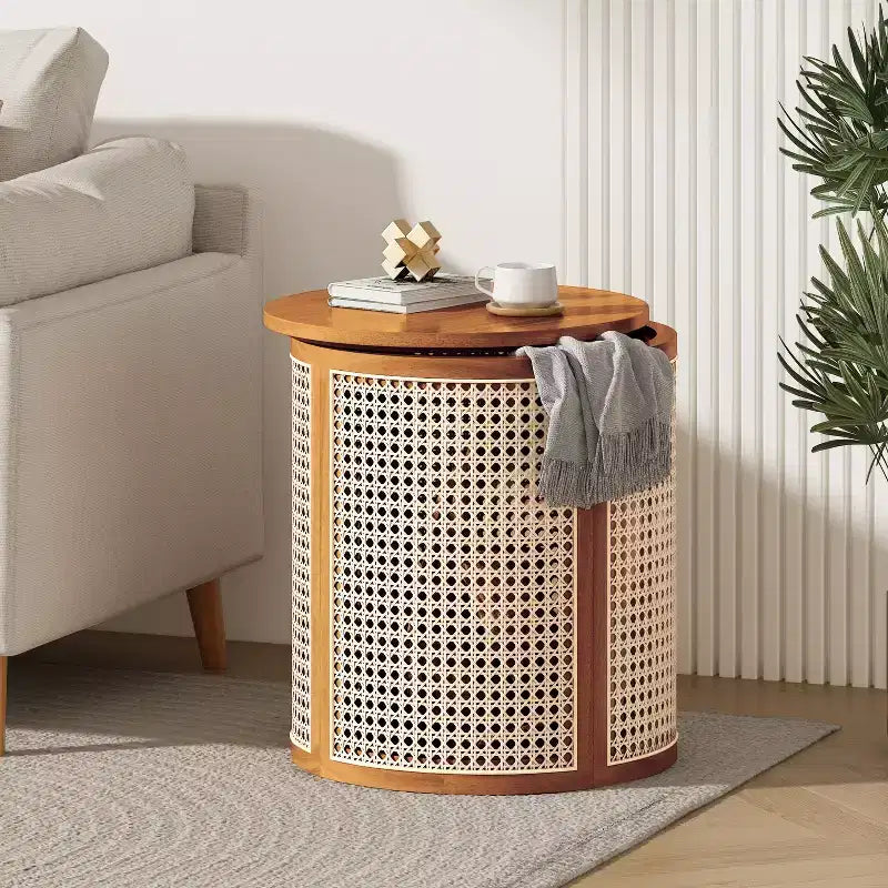 Table d'appoint ronde en rotin avec accent en bois massif d'hévéa, table de bout de 15,7 pouces