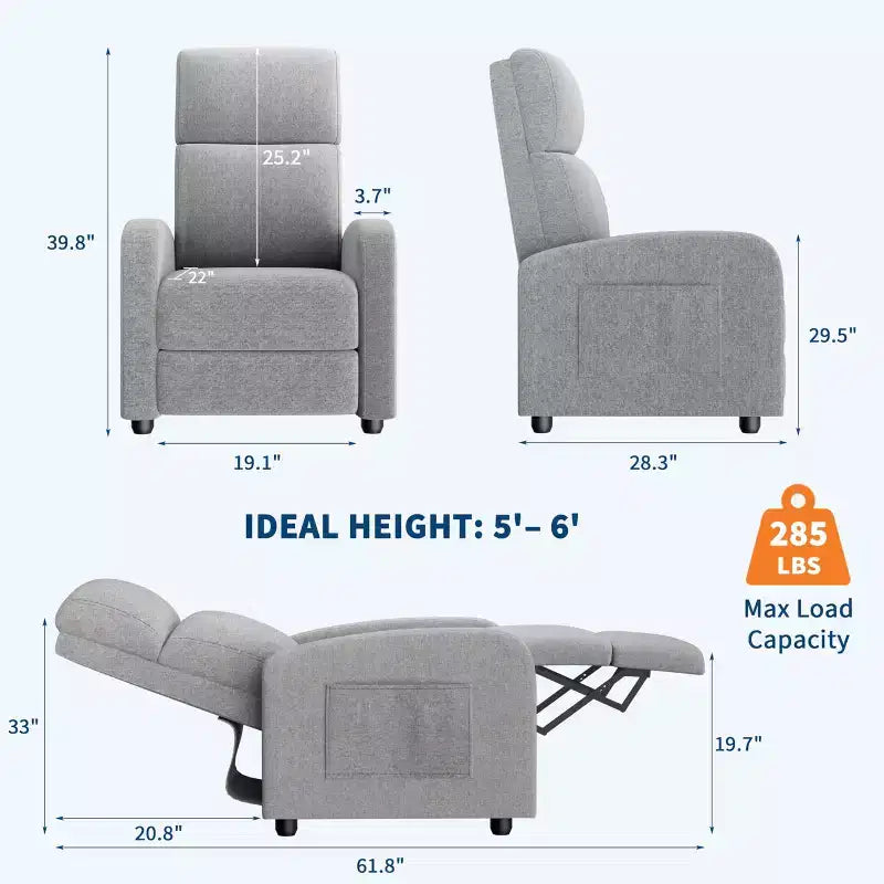 Fauteuil inclinable manuel en lin avec dossier haut, coussin épais, dossier inclinable réglable, chaise longue paresseuse pour salon, cinéma maison, chambre à coucher