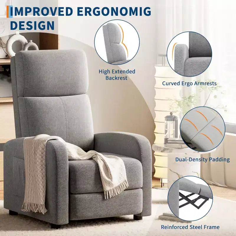 Fauteuil inclinable manuel en lin avec dossier haut, coussin épais, dossier inclinable réglable, chaise longue paresseuse pour salon, cinéma maison, chambre à coucher