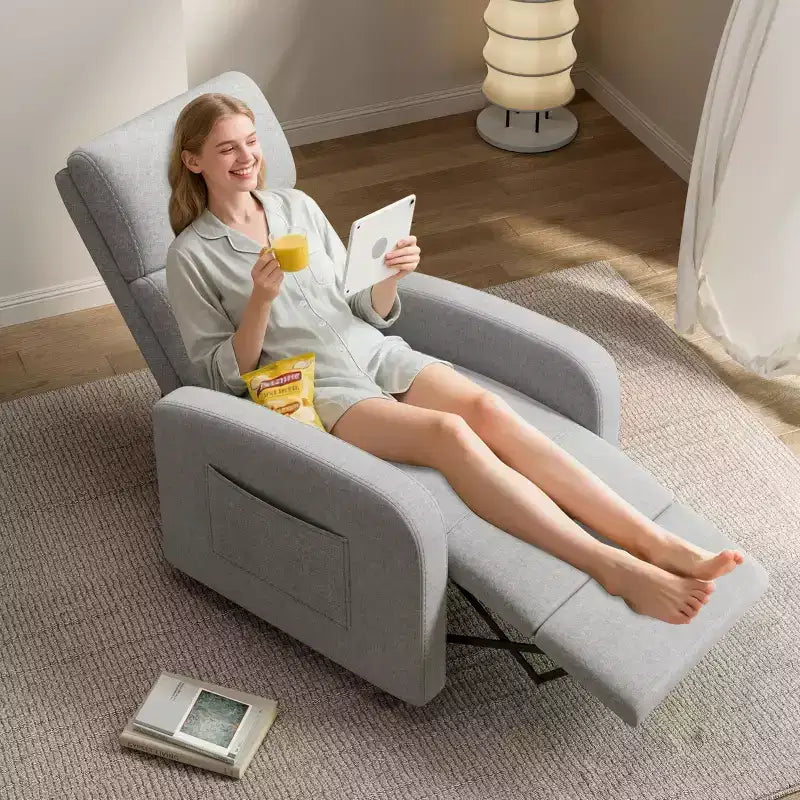 Fauteuil inclinable manuel en lin avec dossier haut, coussin épais, dossier inclinable réglable, chaise longue paresseuse pour salon, cinéma maison, chambre à coucher