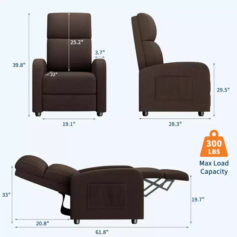 Fauteuil inclinable manuel en lin avec dossier haut, coussin épais, dossier inclinable réglable, chaise longue paresseuse pour salon, cinéma maison, chambre à coucher